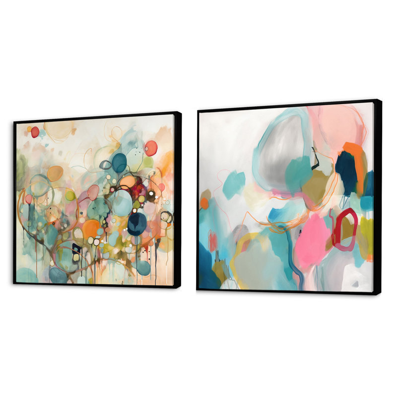 Ensemble de 2 collages carrés roses et bleus Minimalims Fludity, Cadre flottant noir, H 16 po x l 33 po