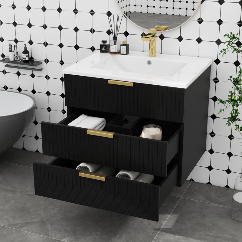 Meuble-lavabo mural 24 po avec lavabo et meuble-lavabo mural, Noir