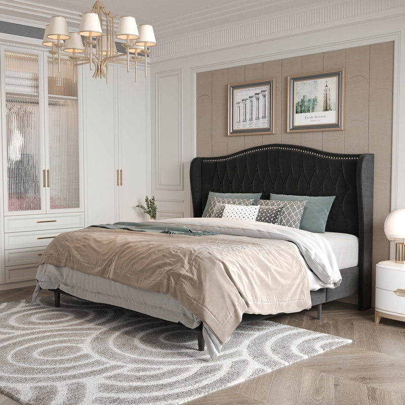 Upholstered Tufted Headboard Bed Wingback Bed, King, Black