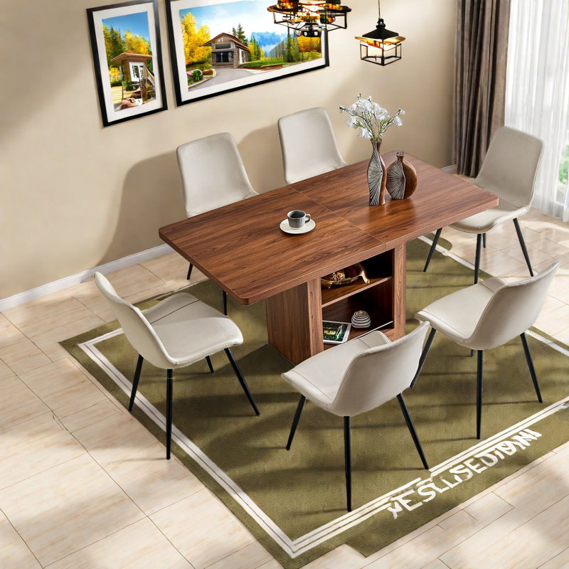 Ensemble de table de salle à manger extensible en noyer avec rangement, conception moderne pour la famille