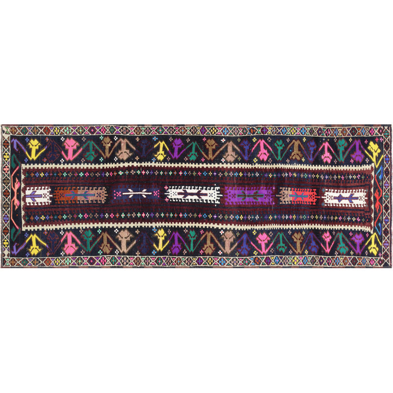 One-of-a-Kind Hand-Knotted 1960s 3'10" x 10' Runner Wool Area Rug in Black/Purple/White/Pink