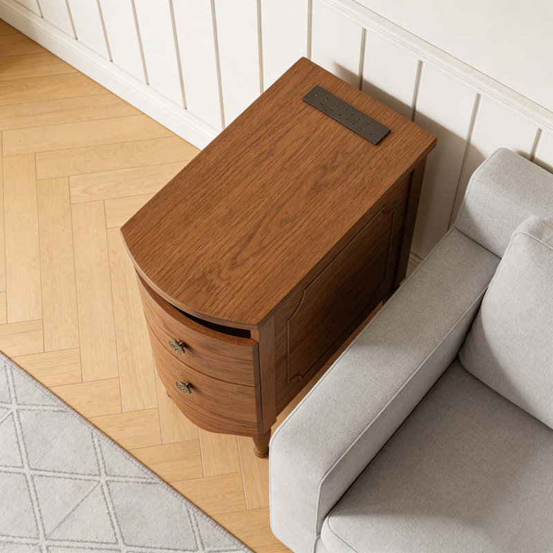 Table de bout avec station de charge, table d'appoint étroite avec 2 tiroirs, Marron foncé