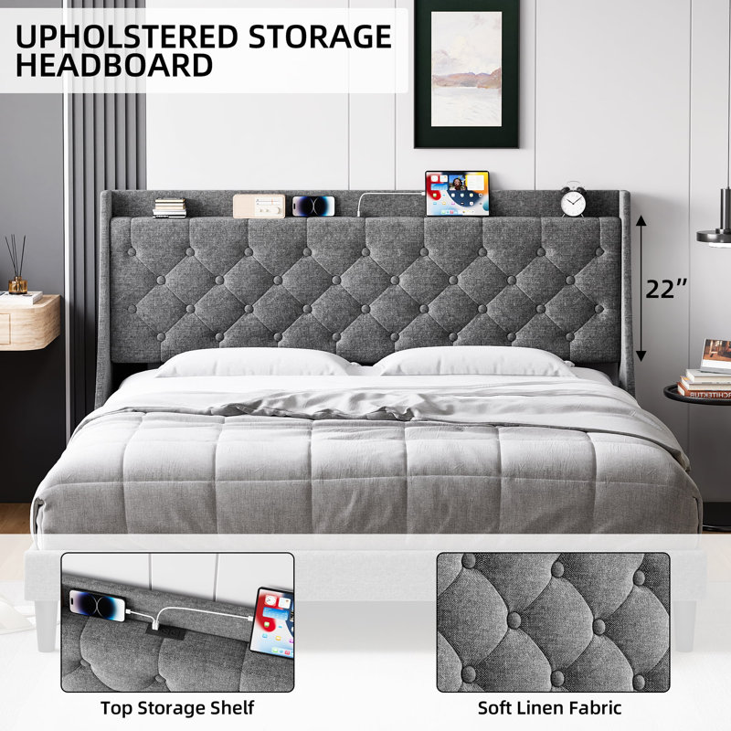 King Size Upholstered Bed Frame with Wingback Headboard, Linen Upholstery - Deep Button Tufted, Storage Shelf, Charging Station & USB Ports, No-Noise,Box Spring Optional, Dark Gray