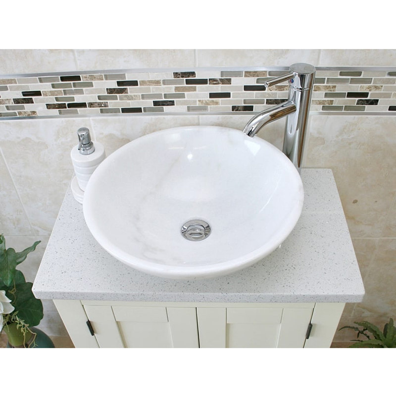 Roberge 650mm Single Bathroom Vanity with Vessel Stone Basin, White Quartz, White, White