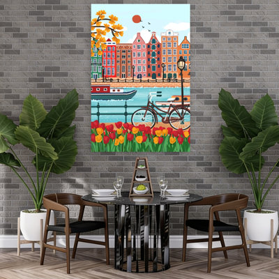 Colorful Amsterdam Canal Colorful Traditional Vibrant Tulip Architecture Autumn Wall Art Print