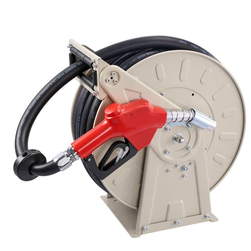 Retractable Fuel Hose Reel, 1 inch x 50 ft, Spring-Driven Auto Rewind, 300 PSI, Durable Carbon Steel Frame with Industrial Rubber Hose, Suitable for Diesel and Kerosene