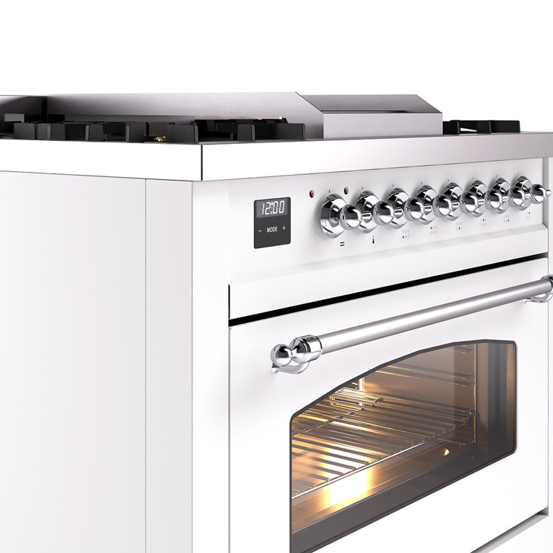 ILVE Nostalgie II 36 Dual Fuel Range, knobs, White/Chrome, Liquid Propane