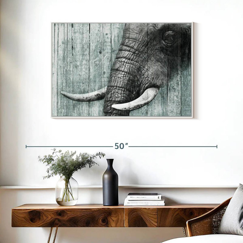 Elephant On Textured Wood, Floating Frame White, 37" X 25"
