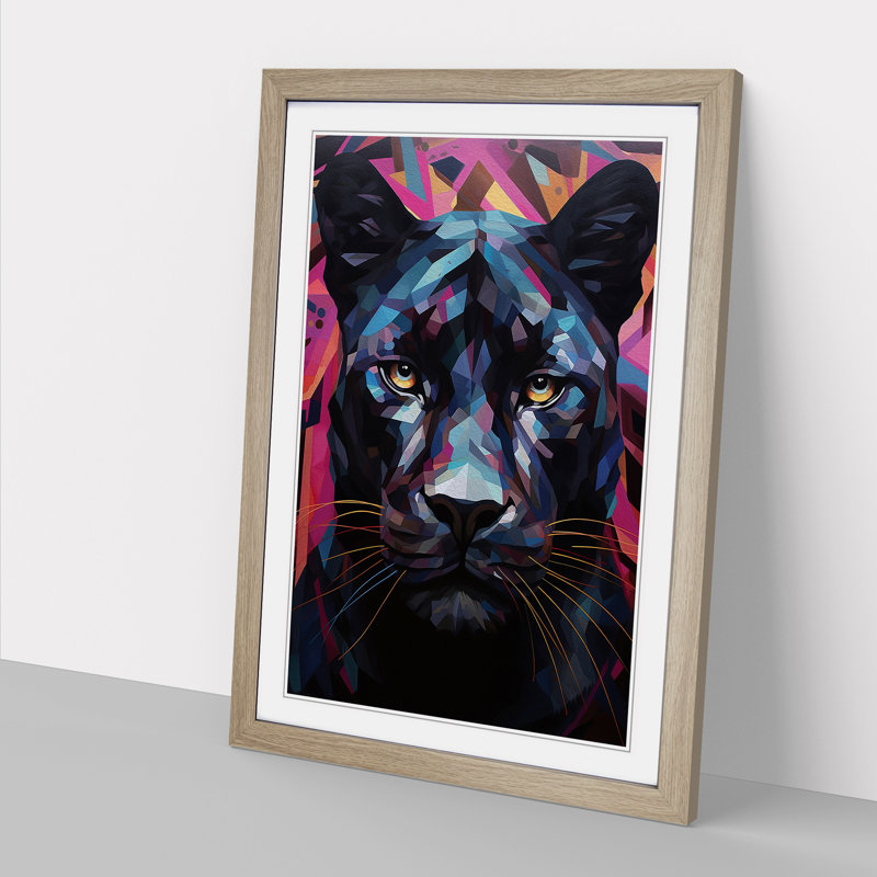 Panther Geometric - Single Picture Frame Print on Wood, 64cm H x 46cm W x 2cm D, Oak Framed