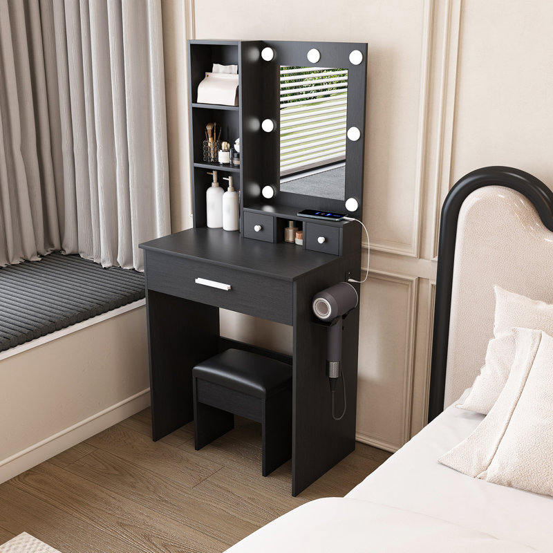 Vanity Table with Mirror & Adjustable LED Lights, Power Outlet, Hairdryer Holder & Stool – Compact Dressing Desk for Small Bedrooms(Black)