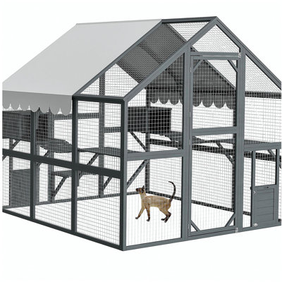 Premium Cat Run Large Outdoor Enclosure, Wooden Catio Kitty Mansion with Suspension Bridges, Strolling Paths, Cozy Cabins, Protective Roof Cover, 82 Inch Expanse