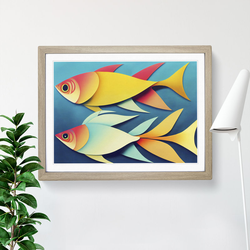 XH1022-7668X Select Fish Abstract - Single Picture Frame Painting, 46cm H x 64cm W x 2cm D, Oak 