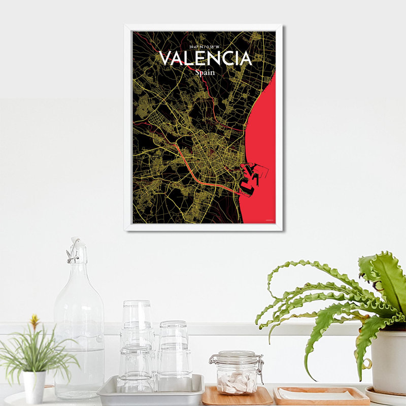 Valencia, carte de la ville, impression, Noir / rouge / jaune, H 24 po x l 18 po