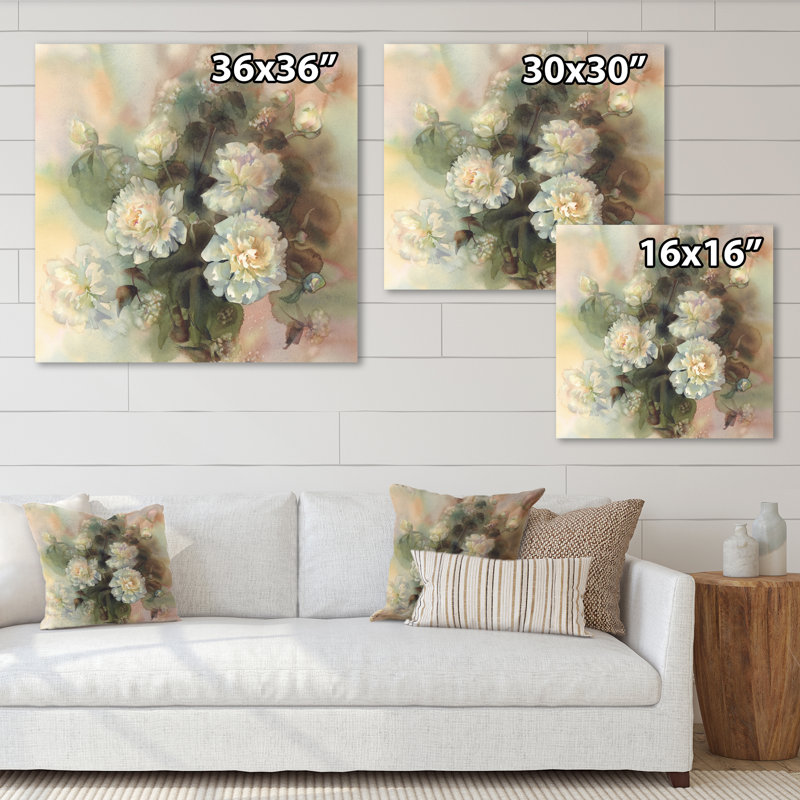 Bouquet abstrait de pivoines blanches - Décoration murale traditionnelle sur toile, H 16 po x l 16 po x P 1 po, Toile tendue