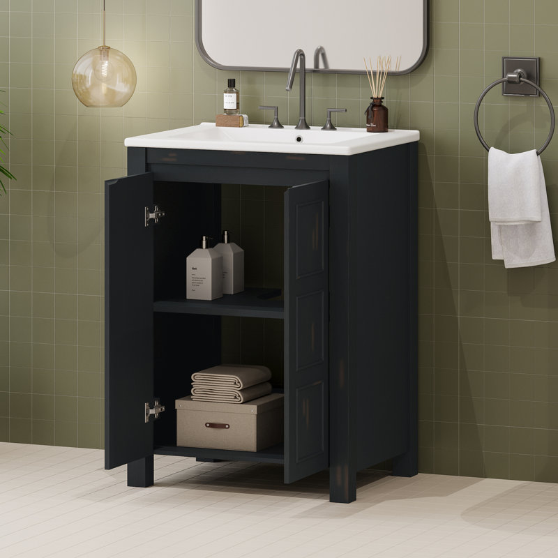 Meuble-lavabo compact et compact en bois massif de style transitionnel pour les petites salles de bain