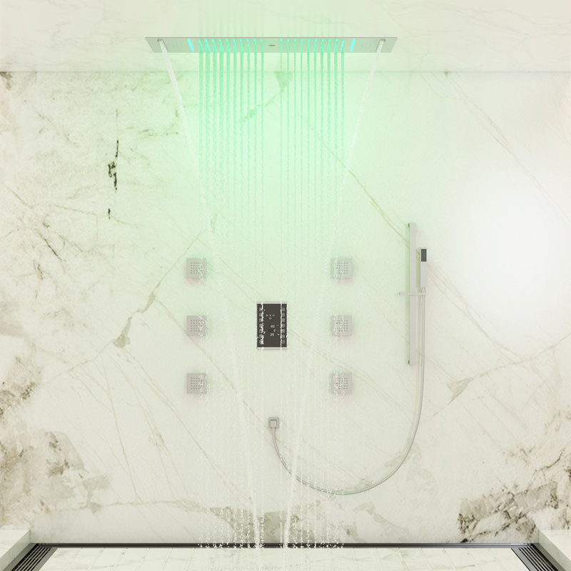 35”L x 12”W Flush-Mount LED Bluetooth Music Rainfall Shower System with Smart Touch Screen Display, Brushed Nickel