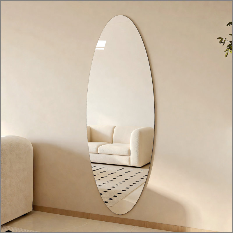 63" x 21" Modern Oval Full Length Wall Mirror, HD Copper-Free Silver Glass, Shatterproof & Moisture-Resistant, Vertical Hanging or Adhesive Mount, Bedroom & Salon