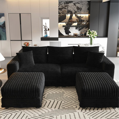 82,7 po. 3 velours côtelé noir, assise profonde, confortable pour 3 adultes, éponge à haute densité