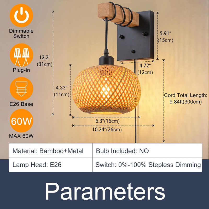 Hand-Woven Bamboo Plug-In Wall Sconce With Dimmable Switch, E26 Base, For Bedroom, Living Room, And Farmhouse Decor