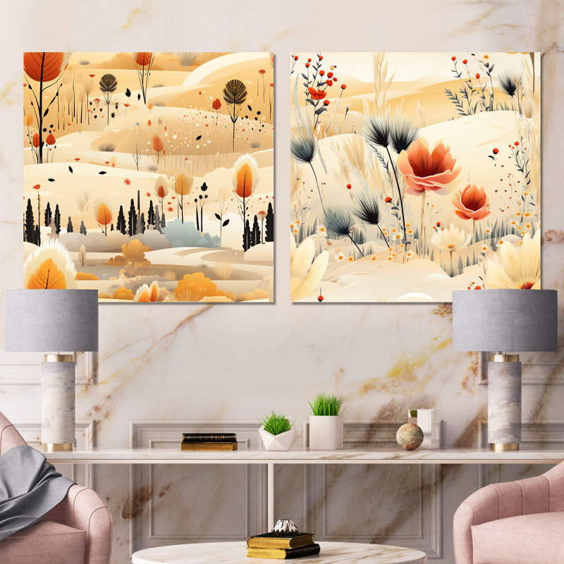 Aubepine - Ensemble de 2 carrés à motifs abstraits de paysages métalliques, H 23 po x l 46 po