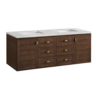 Meuble-lavabo double 60 po Amberly, noyer Mid-Century avec chargeur sans fil FreePower