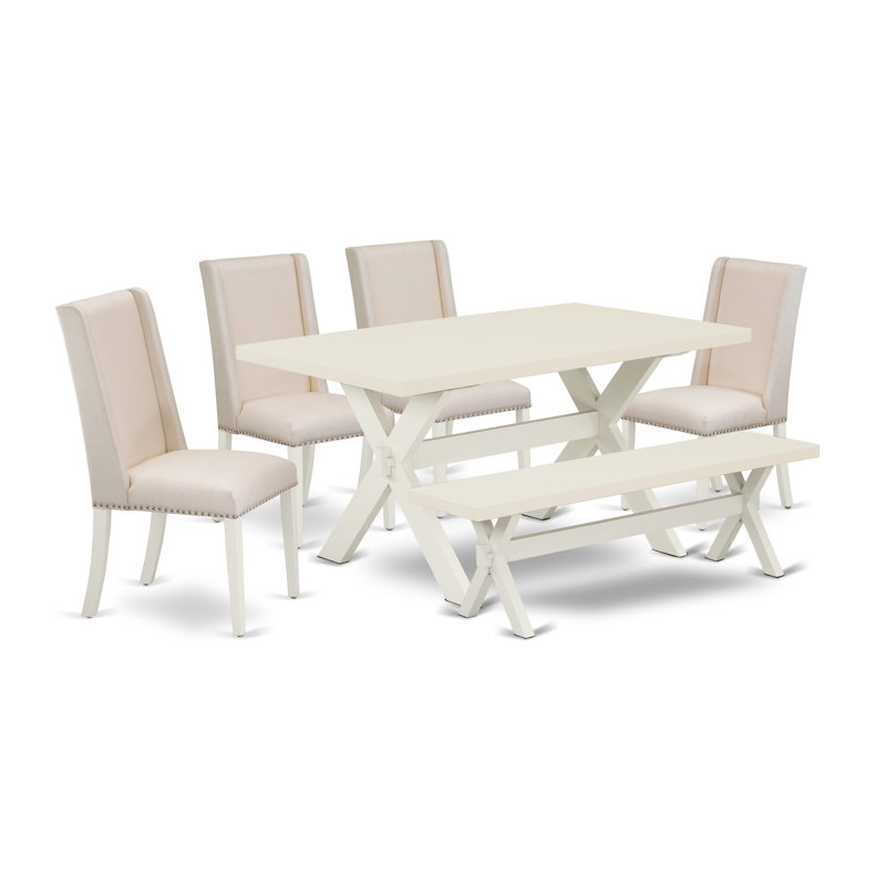 6 Piece Kitchen Table Set Contains a Rectangle Dining Table with X-Legs and 4 Cream Linen Fabric Parson Chairs with a Bench, linen white