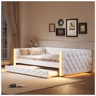 Lit de jour double rembourré avec lit gigogne et DEL de taille XL, polyvalent et élégant pour la vie moderne