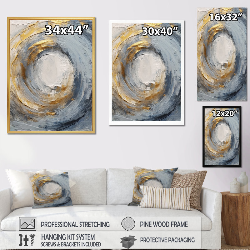 «Gold and Blue Vibrant Spirals IV - Abstract Spirals», art mural encadré, H 44 po x l 34 po, Toile tendue, Sans cadre