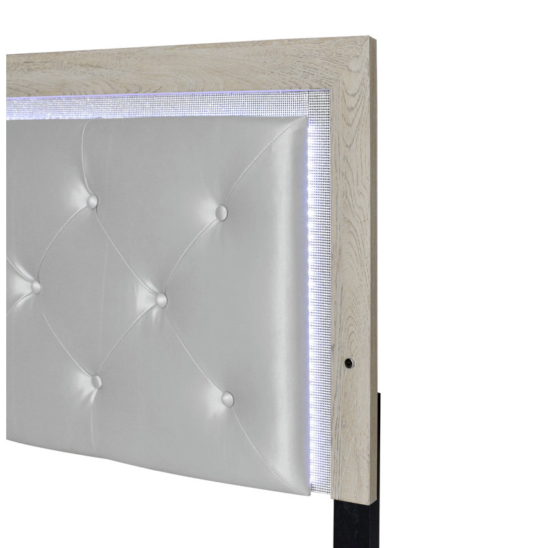 Lit à panneau moderne 1Pc avec éclairage de tête de lit capitonné beige, Grand lit