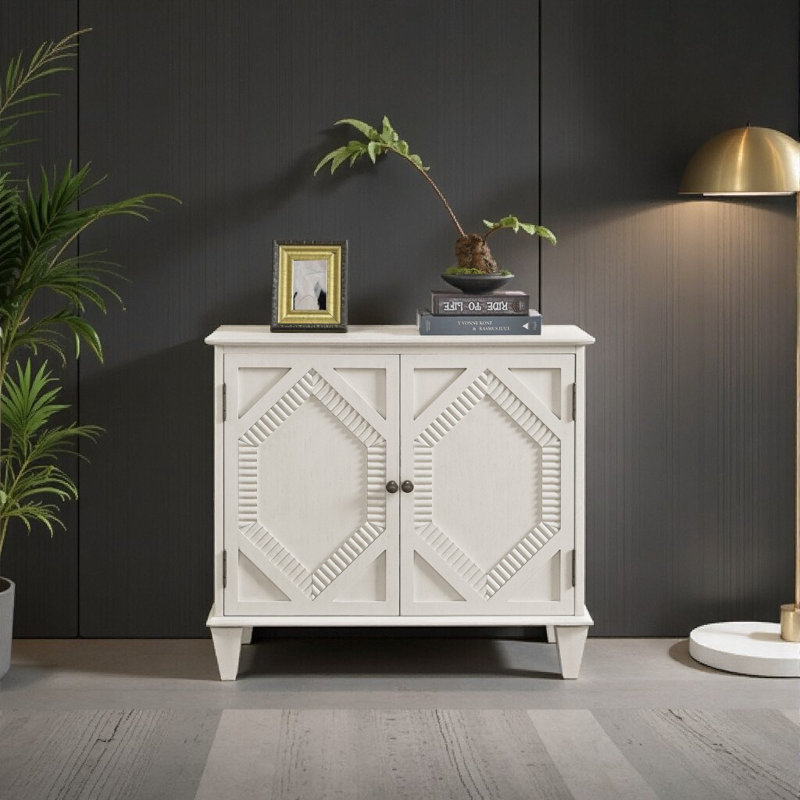 Buffet 33,6 po Mid-Century Modern - Rangement réglable et accents laiton, Blanc