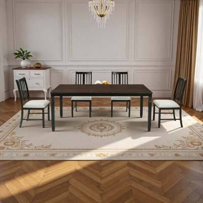 5-Piece Extendable Dining Table Set for 4,Farmhouse Oak Veneer Table and 4 Upholstered Slat Back Chairs, Solid Rubberwood Frame Space-Saving Dining Se