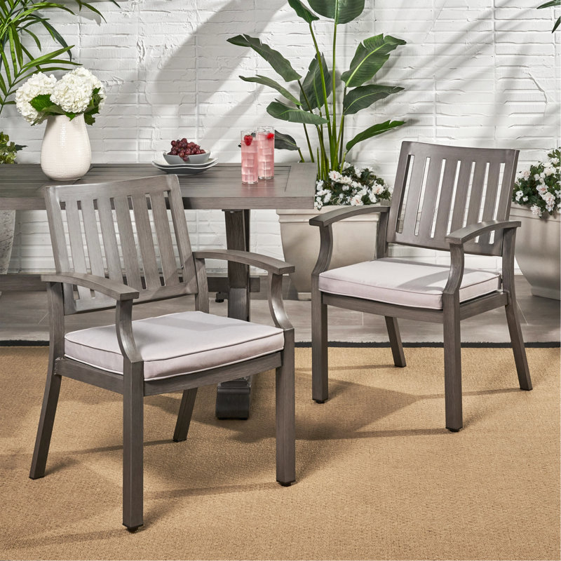 Chaise de salle à manger d'extérieur moderne en aluminium avec coussin (ensemble de 2), gris foncé et argent