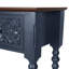 Console 42 po avec 3 tiroirs et détails botaniques sculptés à la main, table d'appoint en bois avec rangement et pieds fuselés, bleu-130121025