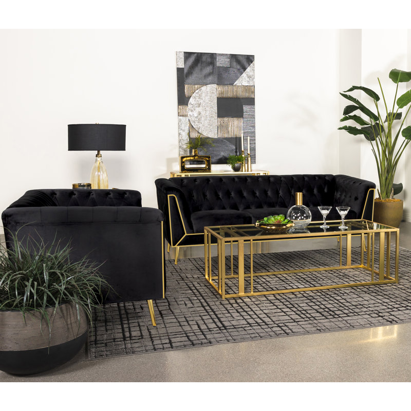 Metal Frame Coffee Table with Glass Top, Matte Brass