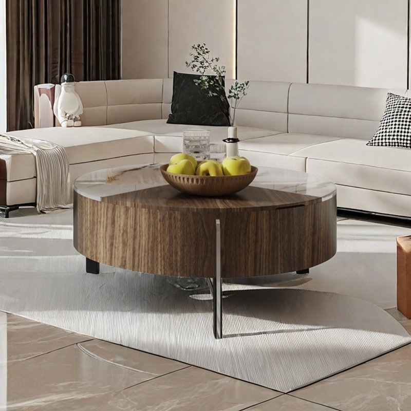Table basse ronde en pierre micro-cristalline, Blanc / Noyer foncé