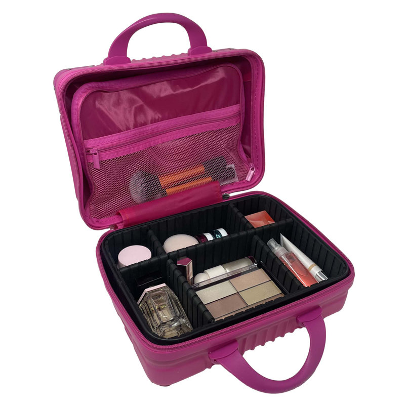 Étui de voyage Impressions Vanity London avec séparateurs réglables à poignée supérieure, rainures verticales conçues, quincaillerie extérieure argent durable, base de protection pour les pieds, poche à fermeture éclair pour les pinceaux de maqu