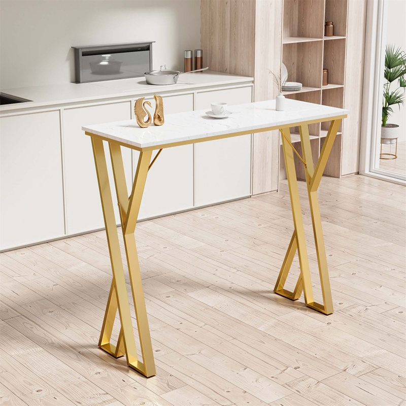 47" Modern Bar Height Pedestal Dining Table, Bar Table With Golden Double Pedestal, White