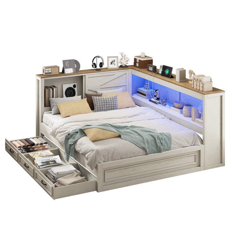 Daybed With Bookcase Headboard, Rgb Led Lights And Drawers Storage,f W, Full/Double, Gray/White