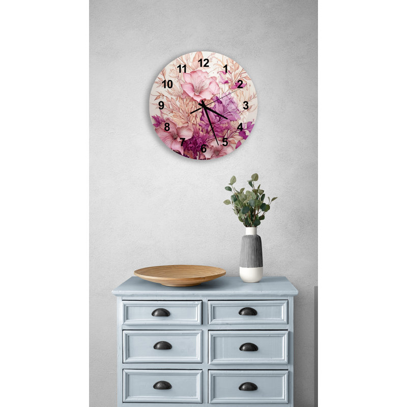 Horloge murale silencieuse rose et mauve à motif floral abstrait, Noir