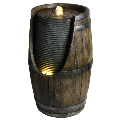 Wooden Barrel Style Outdoor Water Fountain with Lights Resin Rustic Garden Waterfall Decor