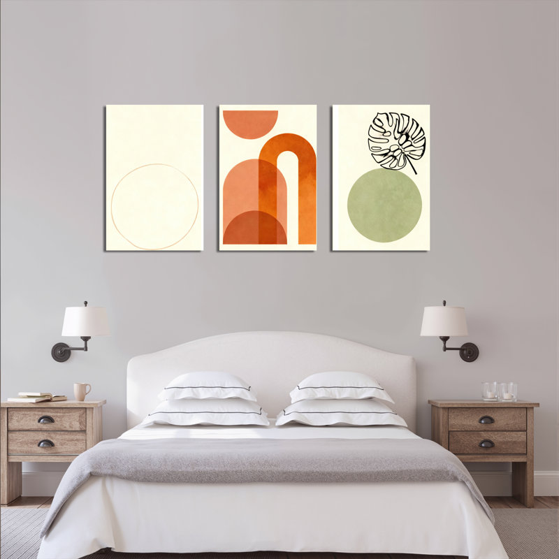 Abstrait, formes géométriques abstraites et feuille de Monstera, impression sur toile, ensemble minimaliste moderne (ensemble de 3)