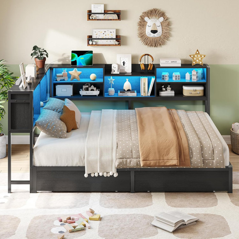 Daybed With 2 Underneath Storage Drawers And Charging Station, L-shape Corner Bed Frame With Storage Bookcase And Led Lights For Living Room, Bedroom & Guest Room