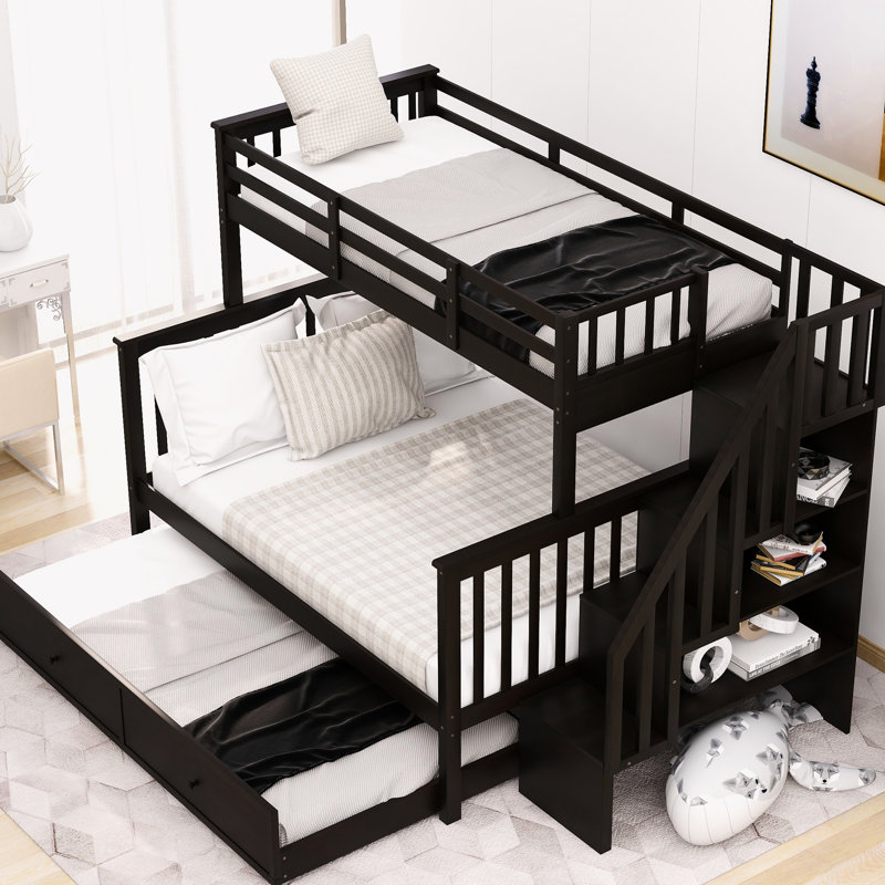Lit superposé simple avec lit gigogne et rangement organisé pour adultes, Espresso