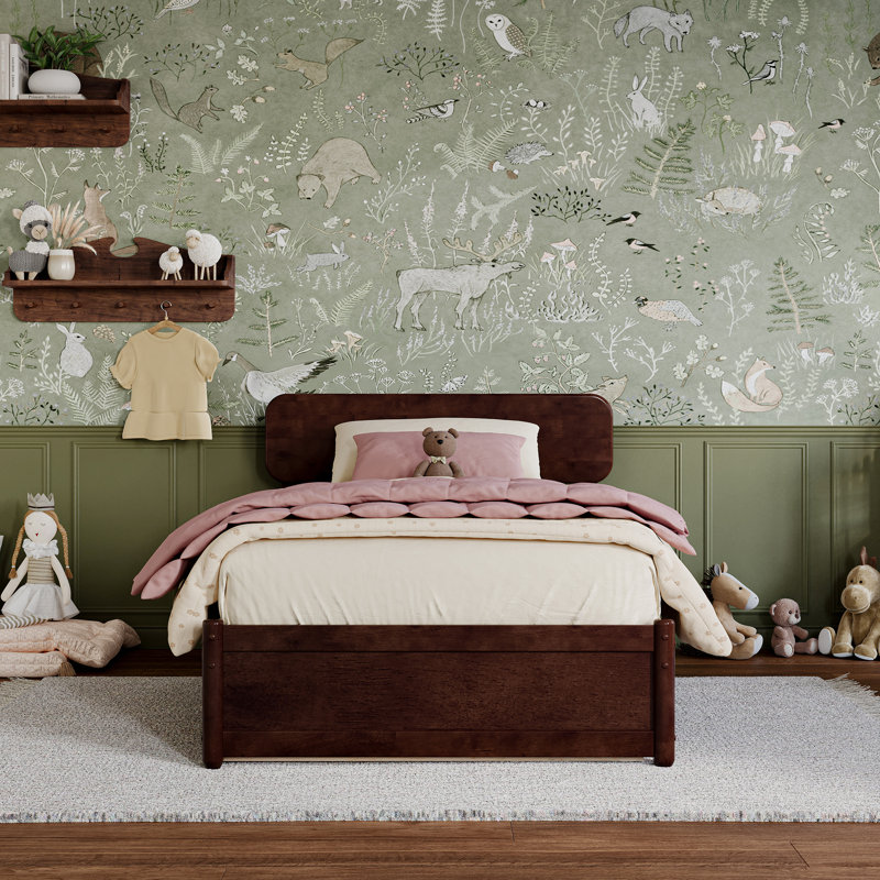 Ause Solid Wood Platform Bed with Matching Trundle, Walnut, Twin