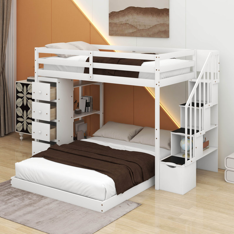 Lit simple superposé au dessus d'un lit double avec tablettes, tiroirs et escaliers, Gris