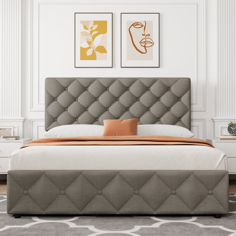 Faux Leather Platform Bed with 4 Storage Drawers, Adjustable Headboard, Diamond Tufted, White, Full/Queen/King Size, Queen