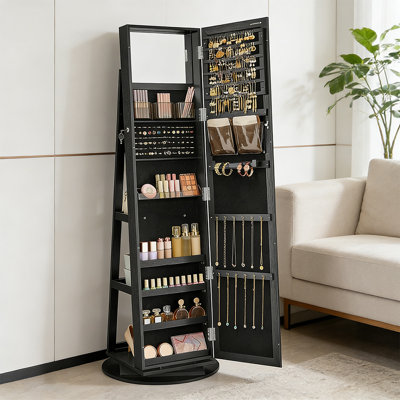 Full-Length Mirror With 360° Swivel Jewelry Cabinet, Lockable Jewelry Organizer , Rear Storage Shelves,Bedroom ,Living Room, Entryway,Cloakroom