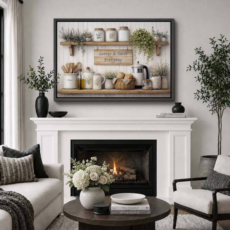 «Gather And Savour Everyday Farmhouse Tablette de cuisine», images de cuisine, impression sur toile encadrée, Cadre noir