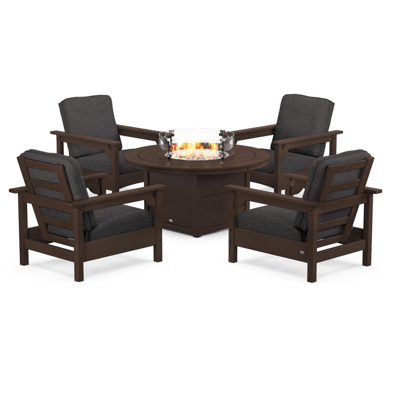 Club 5-Piece Conversation Set with Fire Pit Table, Mahogany, Ash Charcoal