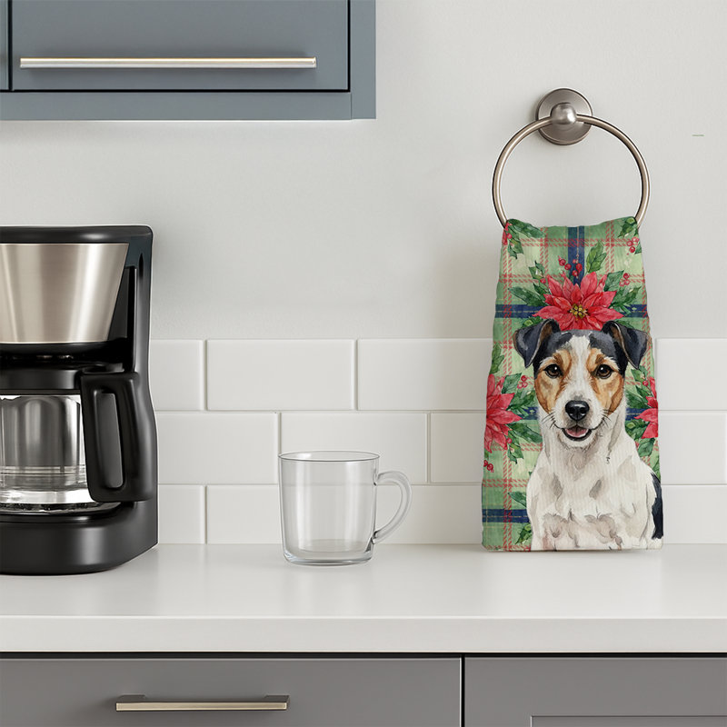 Parson Russell Terrier Christmas PoinsettIas Kitchen Towel, White/Black/Brown Parson Russell Terrier